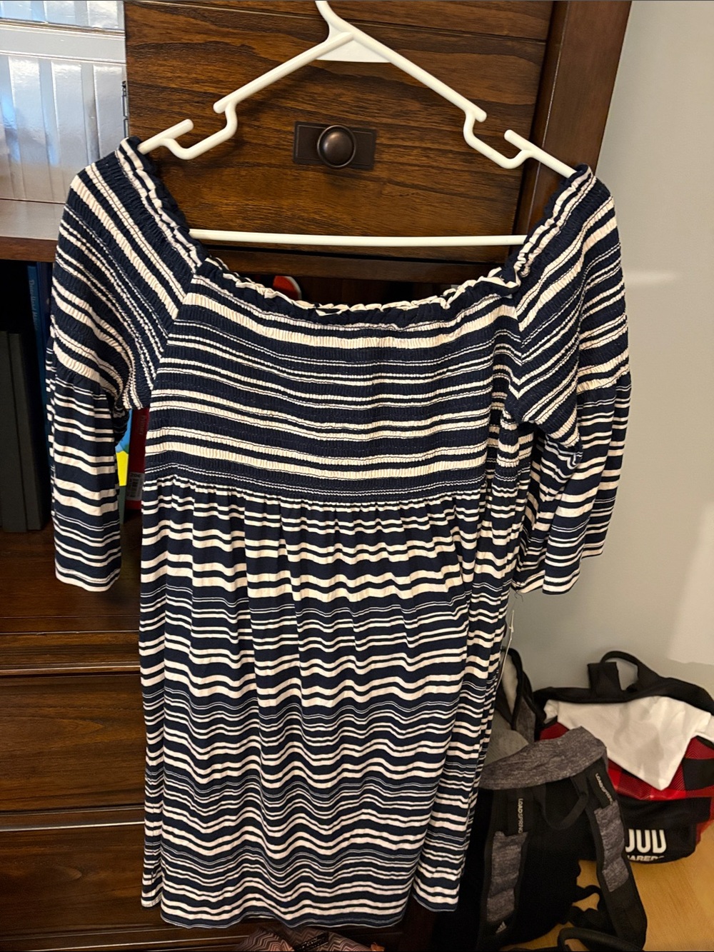 adidas Navy and White Striped Off-Shoulder Dress